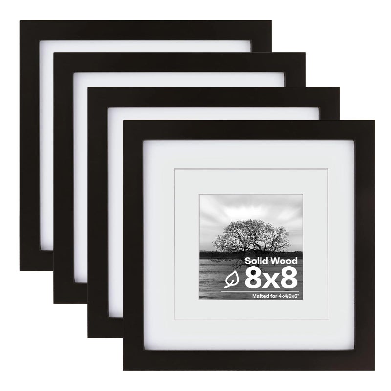 Egofine 8x8 Picture Frames 4 PCS - Made of Solid Wood Covered by Plexiglass Display 4x4/6x6 with Mat or 8x8 without Mat, for Table Top Display and Wall Mounting Photo Frame Black - Image 1
